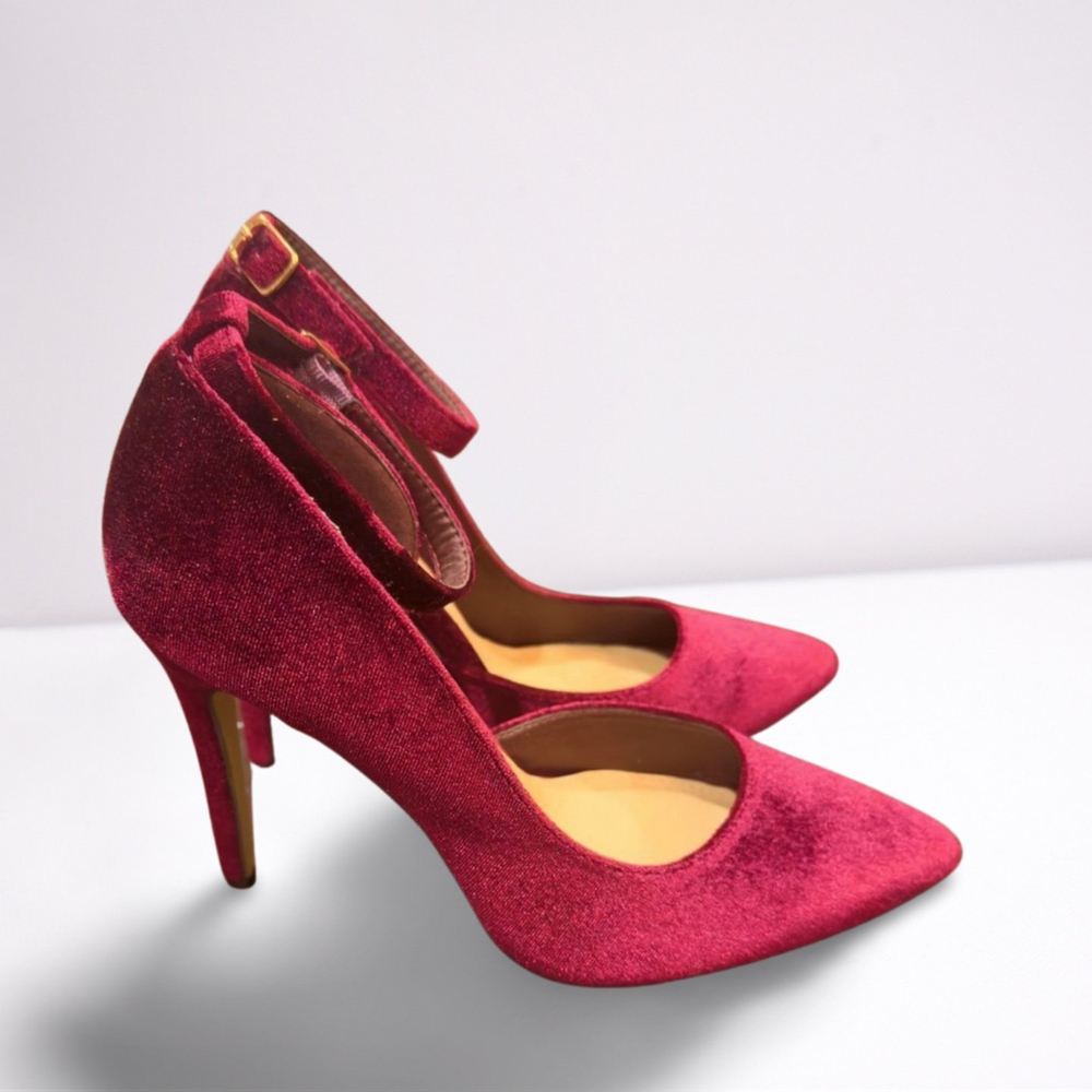 JustFab Maroon Velvet Ankle Strap Heels | Size 7